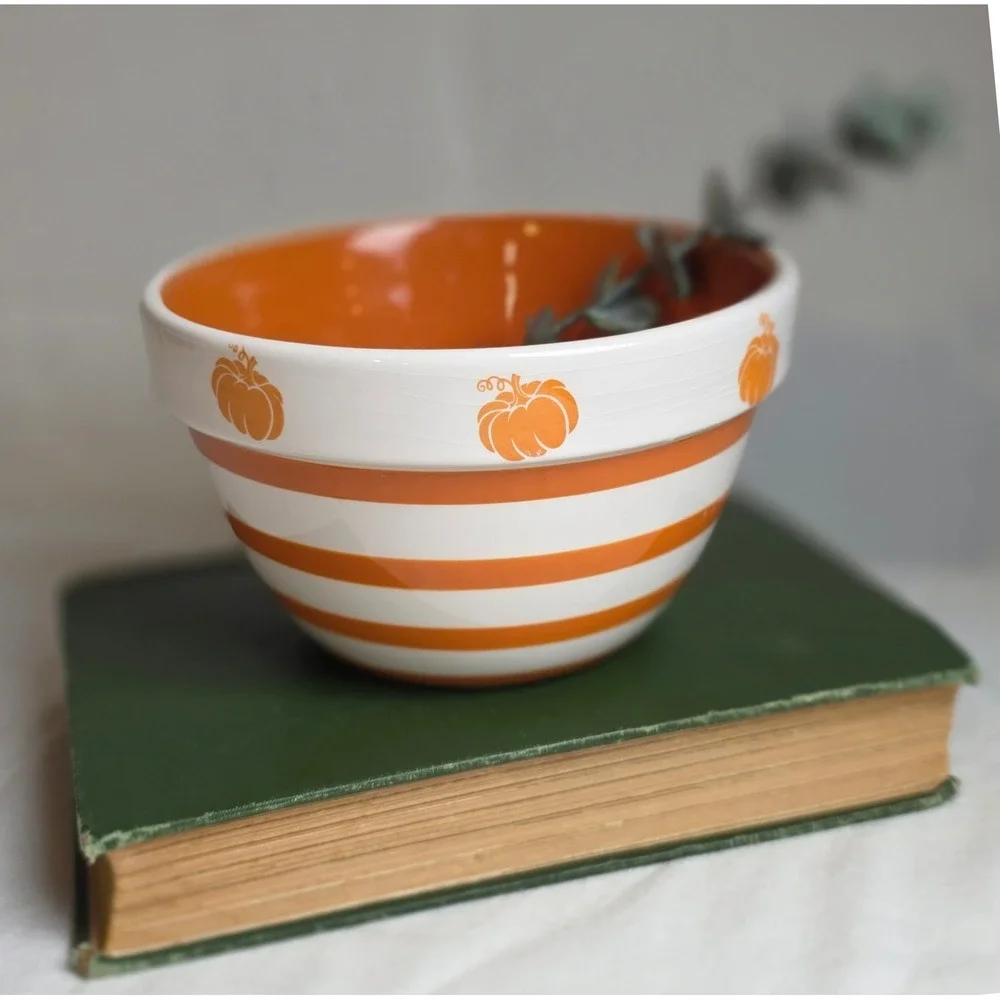 90s Terramoto Ceramic Pumpkin Striped Mixing Bowl Orange White Fall Harvest